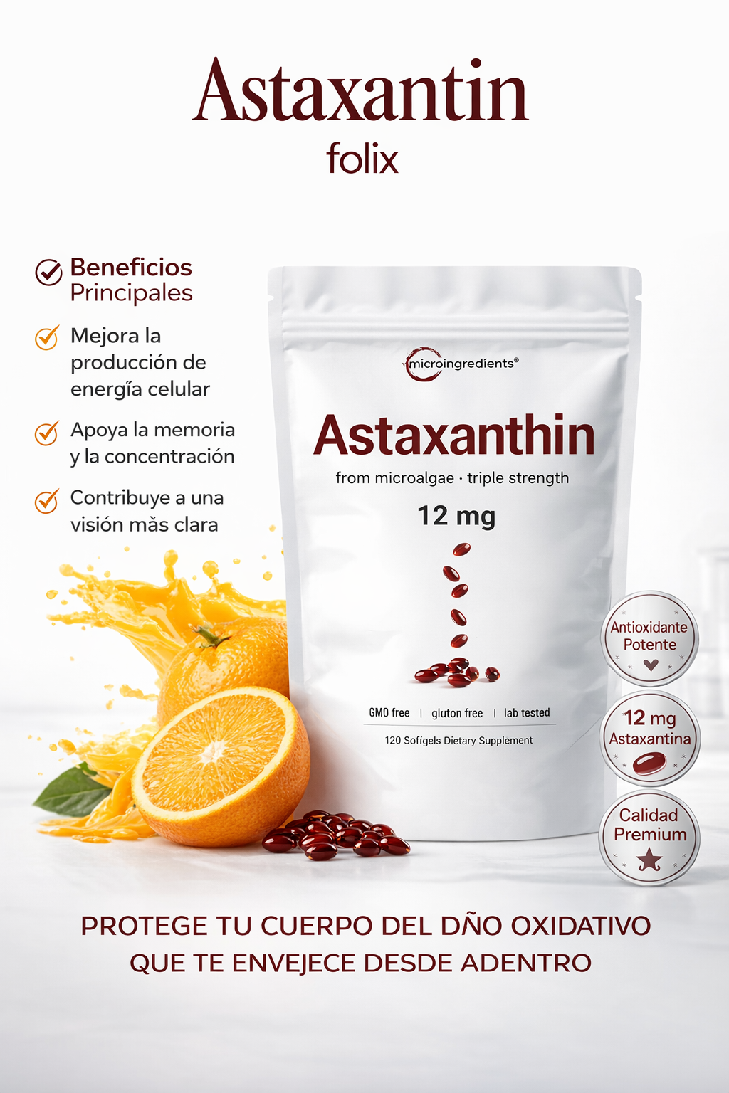 Astaxanthin - Antioxidante Extremo que Devuelve Energía, Juventud y Fuerza Celular 120 capsulassulas