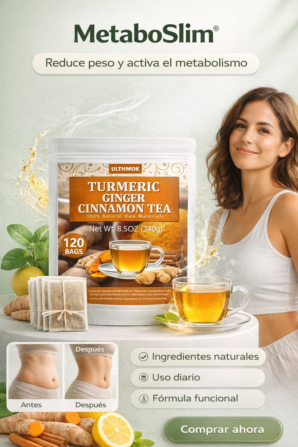 Metaboslim – Té de curcuma jengibre y canela para reducir de peso acelerar el metabolismo